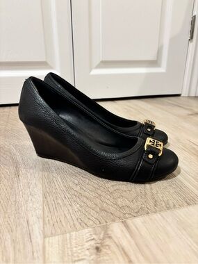 Tory Burch Navy Leather Wedge Pumps with Gold Logo Hardware